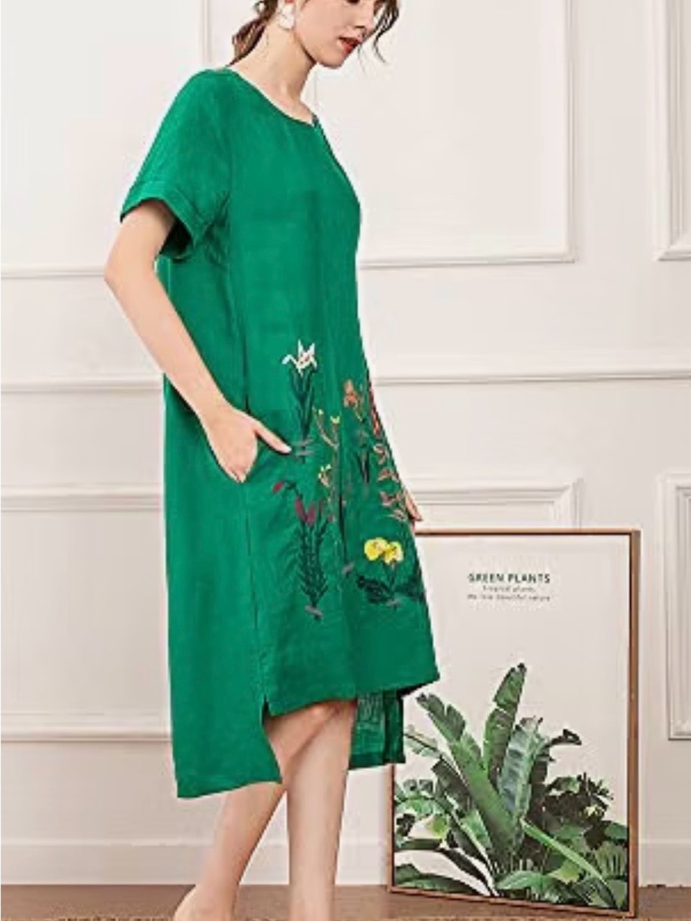 Women's Green Linen Blend Embroidered Floral Tunics Dress Short Sleeve Size XXL